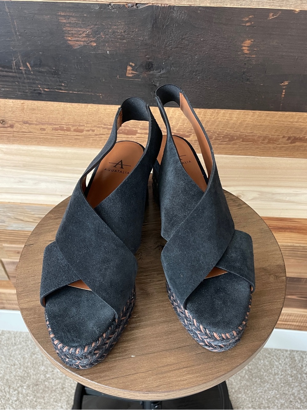 Aquatalia Black Suede Crisscross Slingback Wedge Sandals